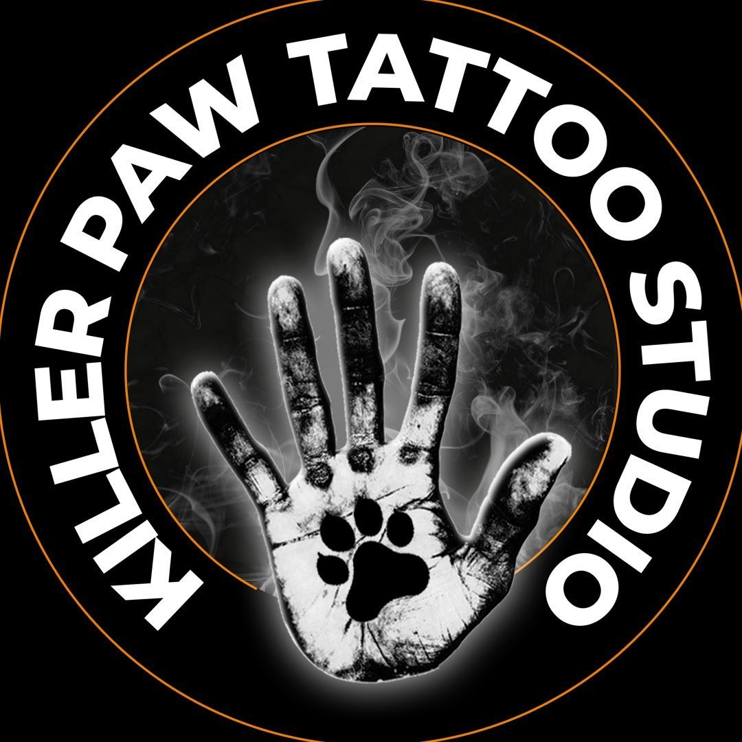Killerpaw Tattoo Studio circular logo — hand and paw mark