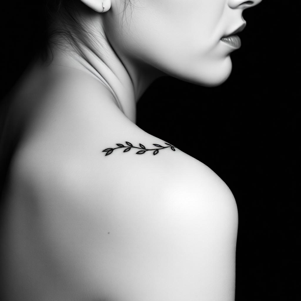 Delicate fine line botanical tattoo on a collarbone