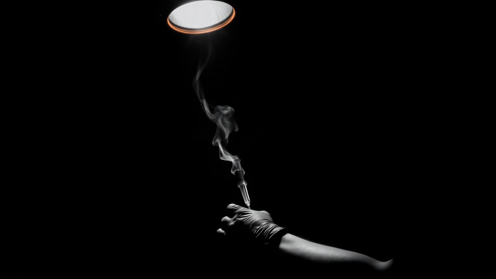 Tattoo artist working under a single spotlight in a dark studio